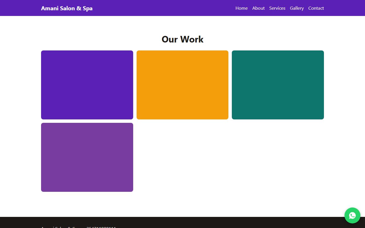 Gallery/work page of the Amani Salon & Spa demo site shown with sample colour blocks
