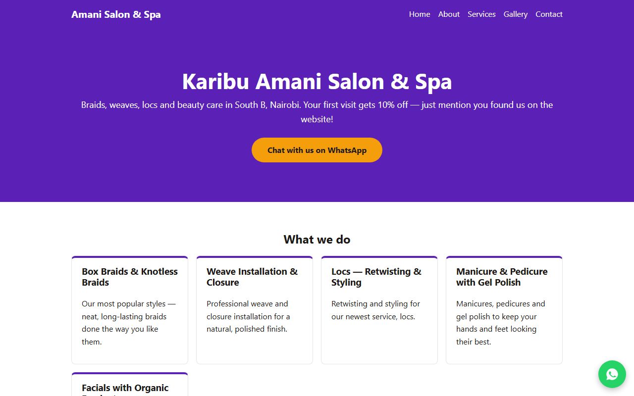 Homepage of the Amani Salon & Spa demo site — a Starter-tier concept build by Jenzi Studio, not a paying client