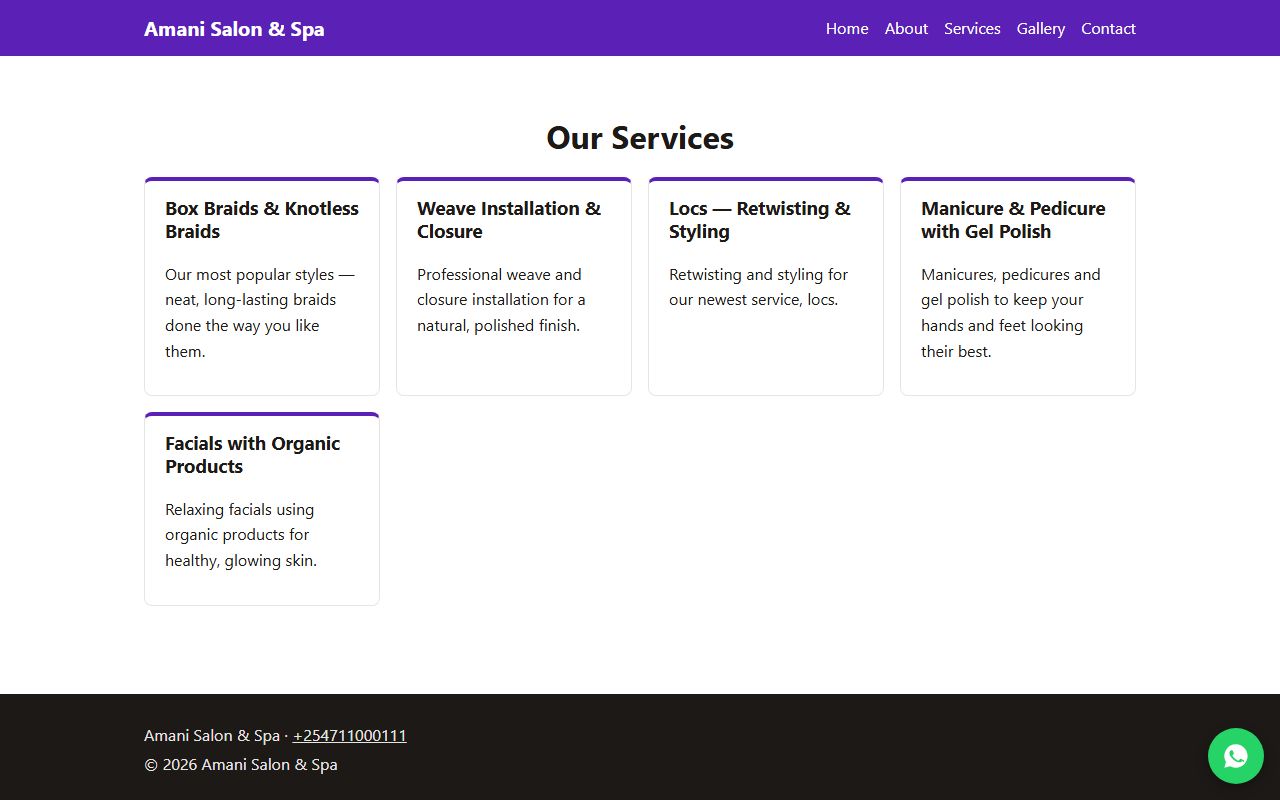 Services page of the Amani Salon & Spa demo site, listing braid, loc and facial treatments